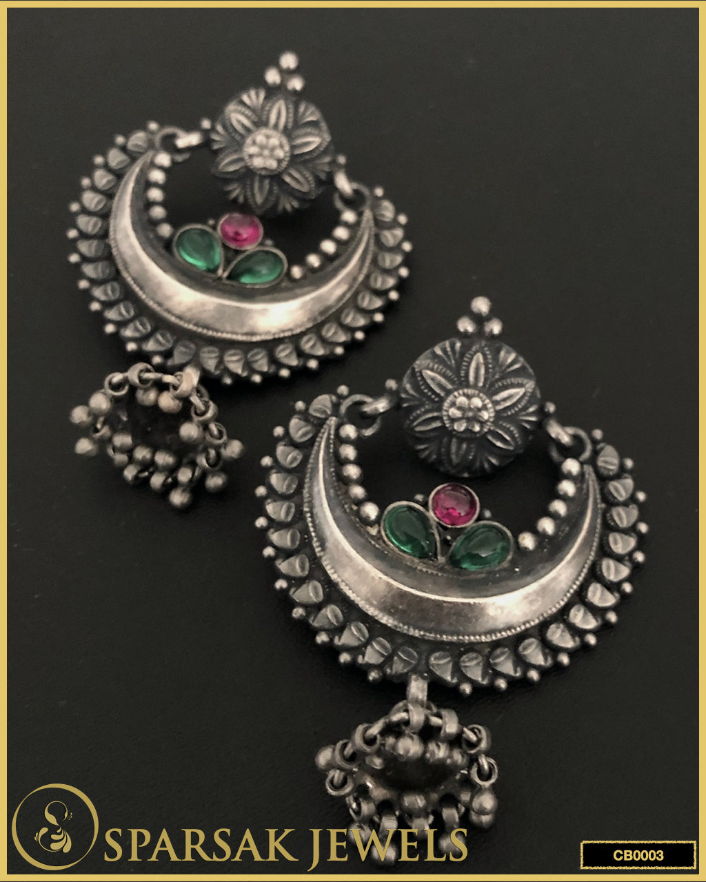 Sterling Silver Temple Chandbali Earrings by Sparsak Jewels