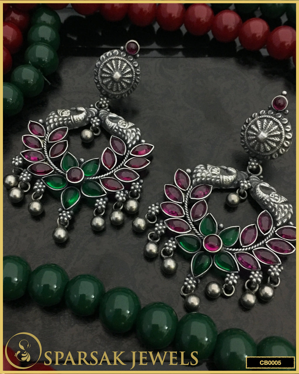 Sterling Silver Chandbali Earrings with Blooming Flowers & Peacock Design by Sparsak Jewels