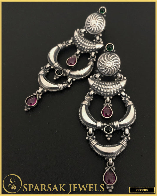Elegant Long Chandbali Earrings: South Indian Temple Art in Sterling Silver by Sparsak Jewels