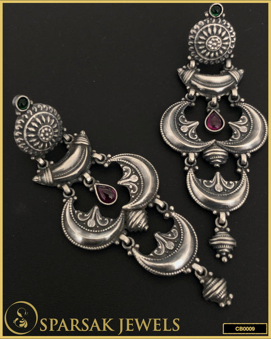 Exquisite Long Chandbali Earrings: Inspired by South Indian Temple Art, Crafted in Sterling Silver by Sparsak Jewels