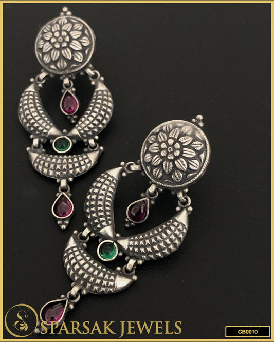 Timeless Long Chandbali Earrings: Sterling Silver, Inspired by South Indian Temple Art, by Sparsak Jewels