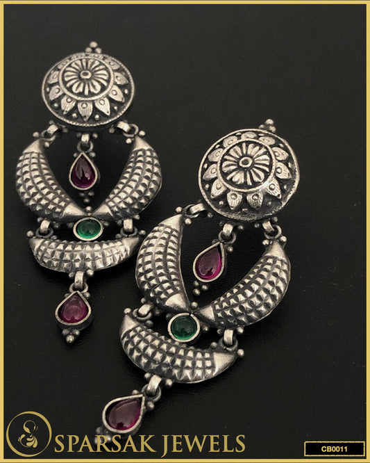 Exquisite Long Chandbali Earrings: Sterling Silver, Inspired by South Indian Temple Art, by Sparsak Jewels
