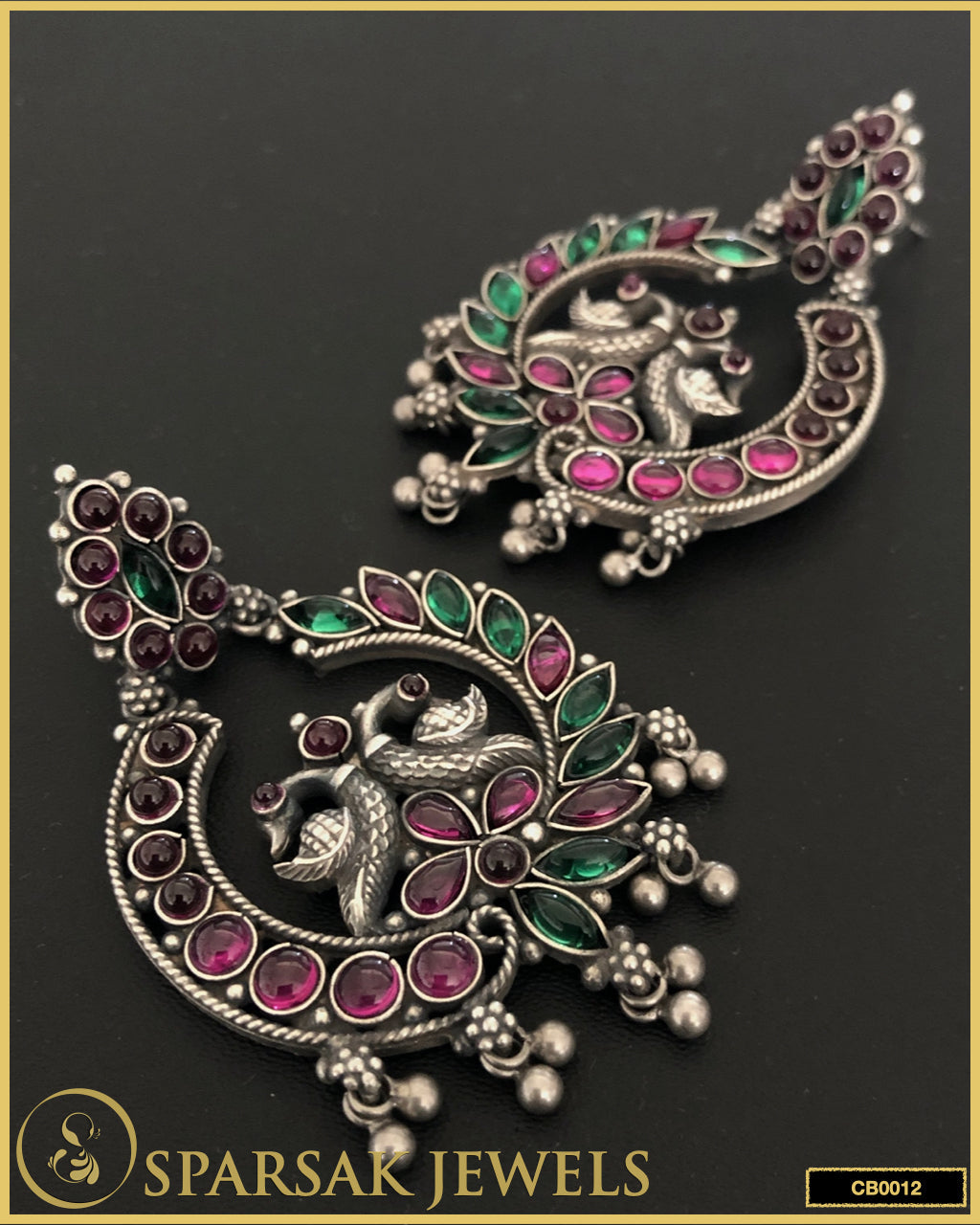 Sterling Silver Chandbali Earrings with Blooming Flowers & Peacock Motifs by Sparsak Jewels