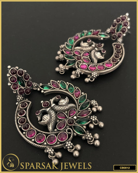 Sterling Silver Chandbali Earrings with Blooming Flowers & Peacock Motifs by Sparsak Jewels