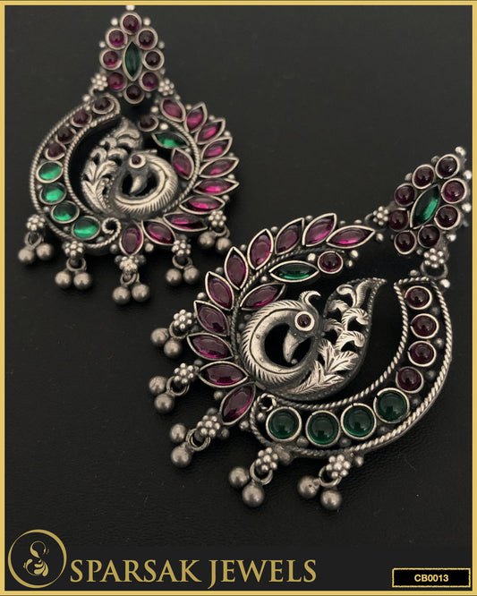 Sterling Silver Chandbali Earrings with Blooming Flowers & Peacock Design by Sparsak Jewels