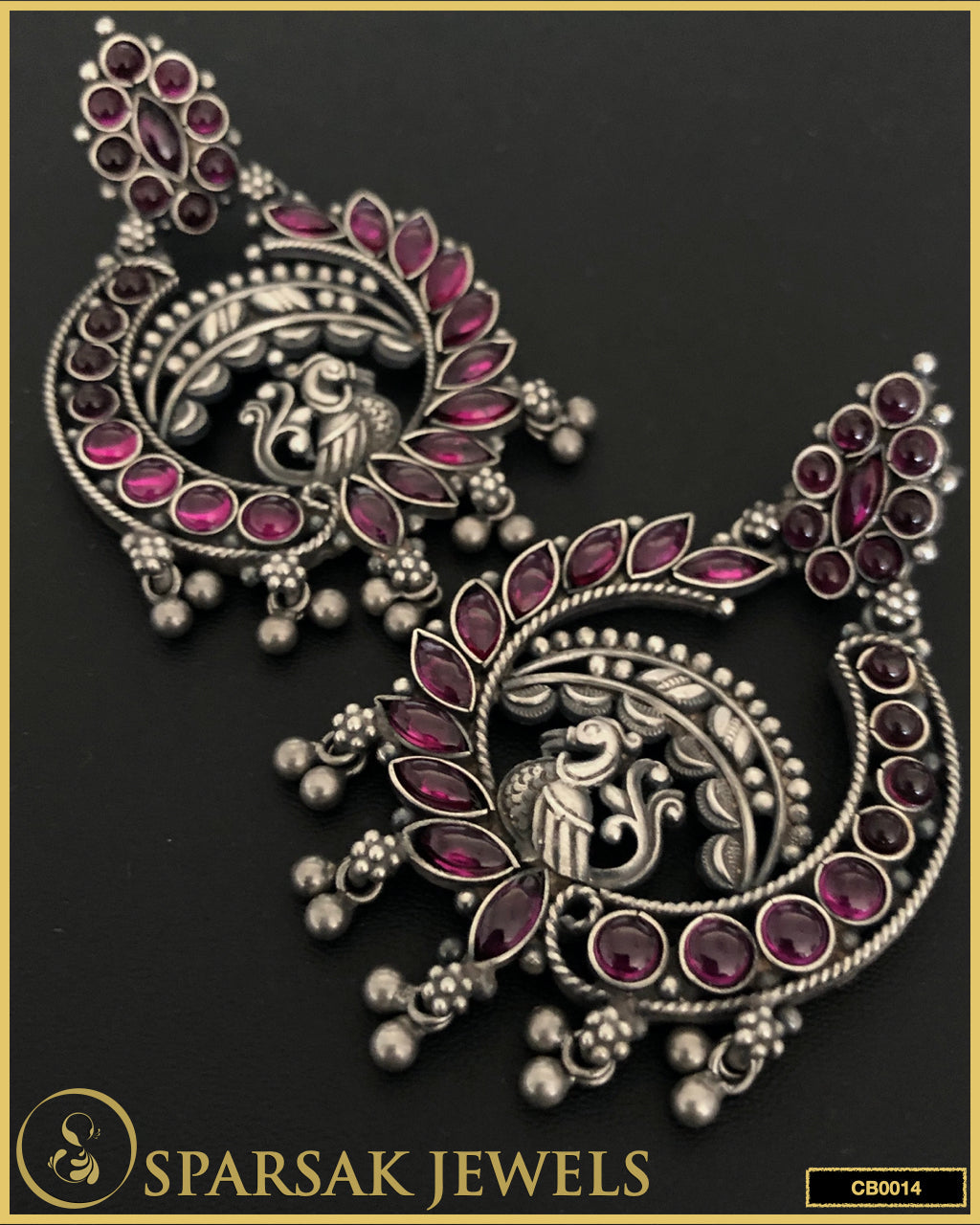 Sterling Silver Chandbali Earrings with Blooming Flowers & Peacock Motifs by Sparsak Jewels