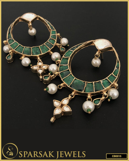 Gold Polished Kundan Chandbali Earrings in Silver with Green Kundan Stones by Sparsak Jewels