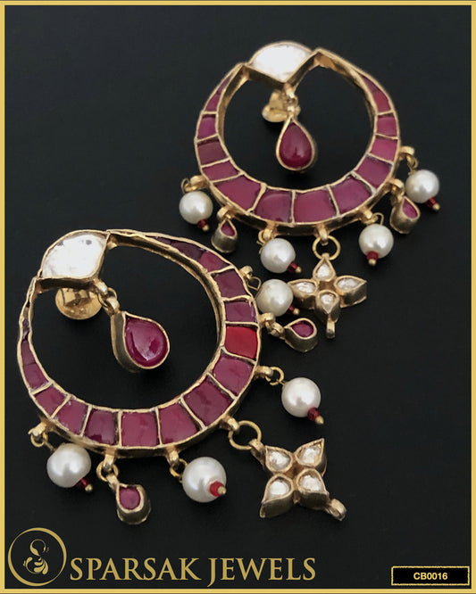 Gold Polished Kundan Chandbali Earrings in Silver with Red Kundan Stones by Sparsak Jewels