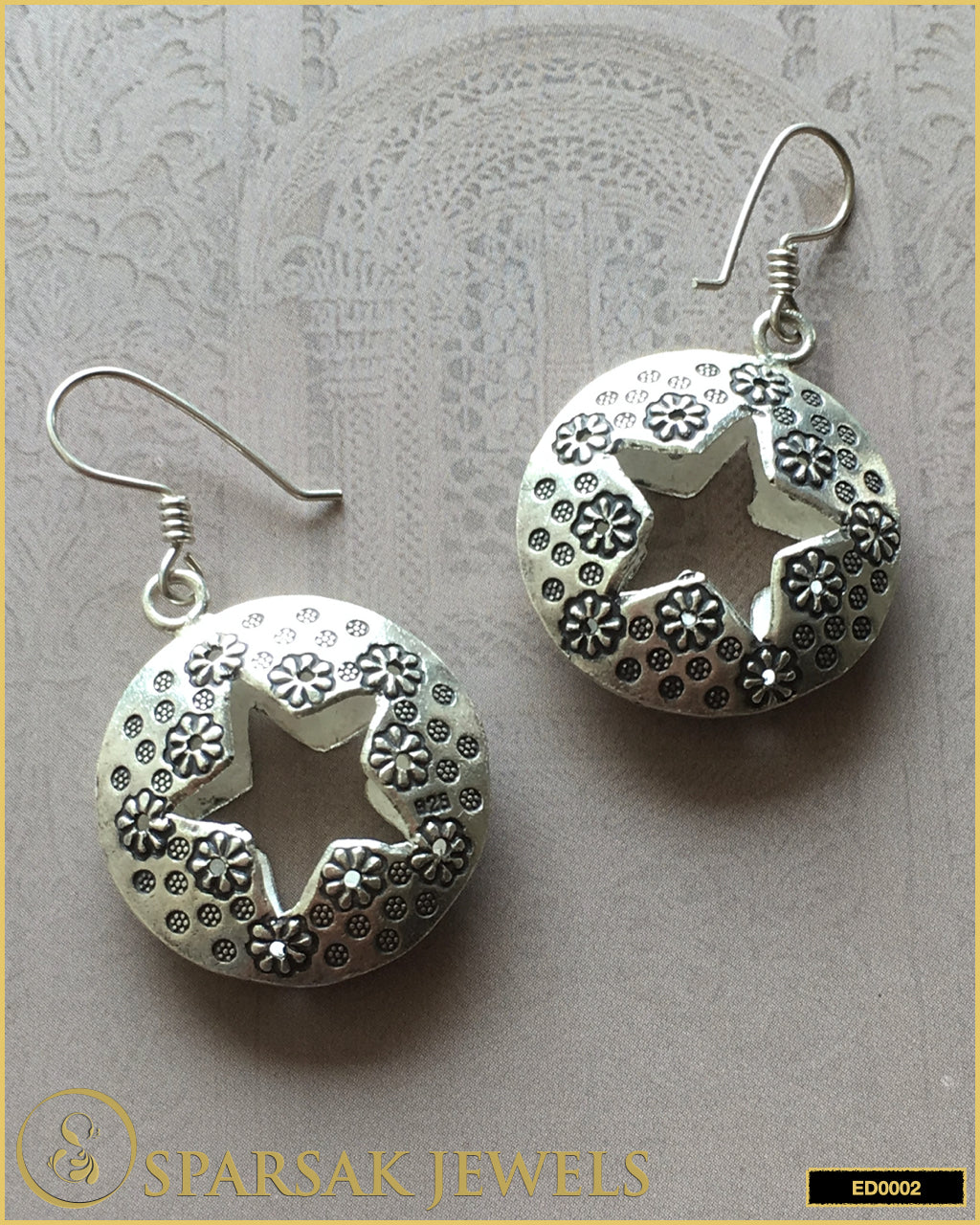 Silver Circle Danglers with Star Cut-Out and Flower Designs - Sparsak Jewels