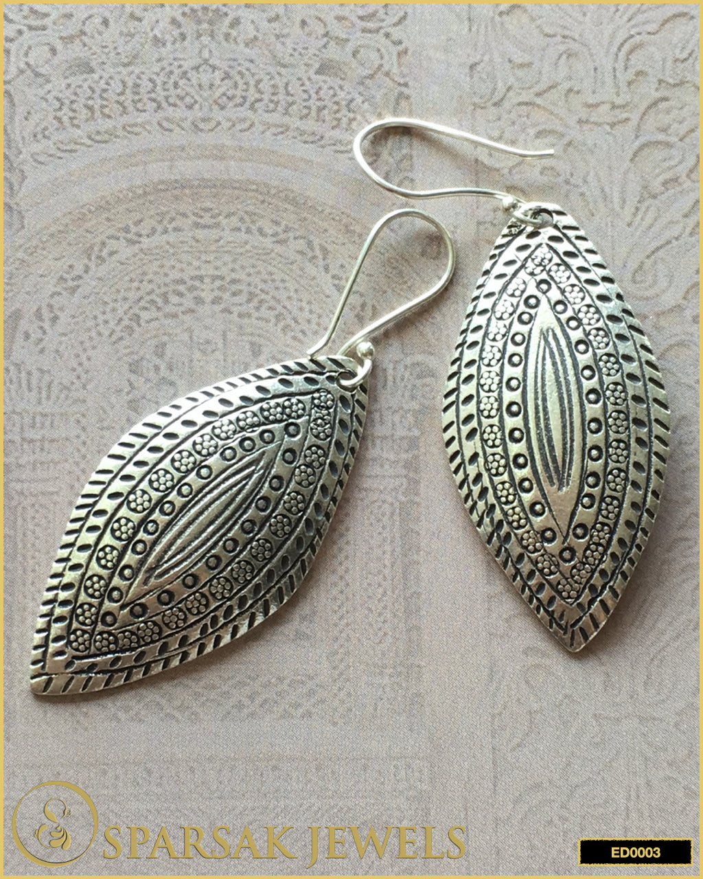 Sterling Silver Leaf Shaped Earrings with Tribal Designs - Sparsak Jewels
