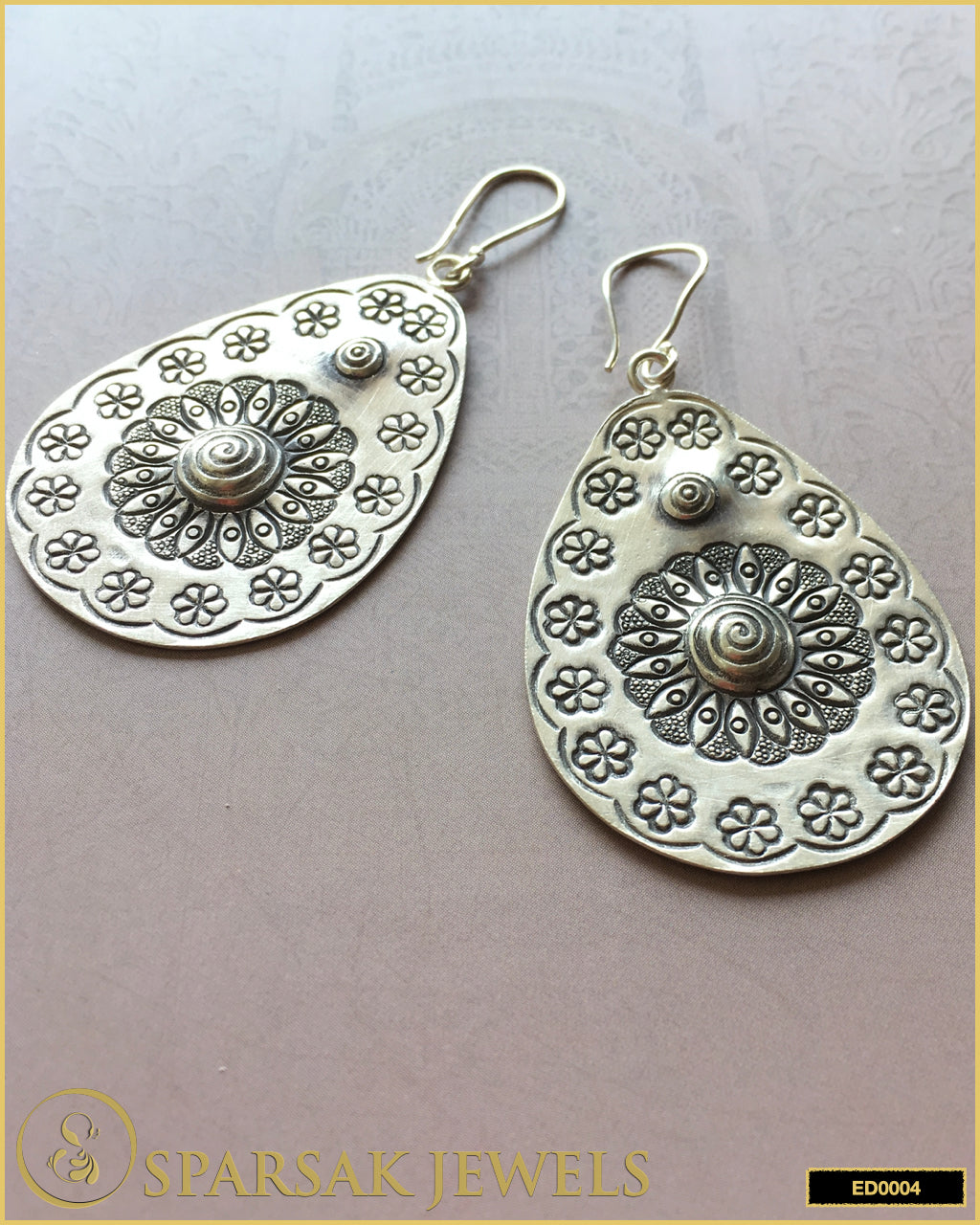 Sterling Silver Drop Shaped Earrings with Flower and Tribal Designs - Sparsak Jewels