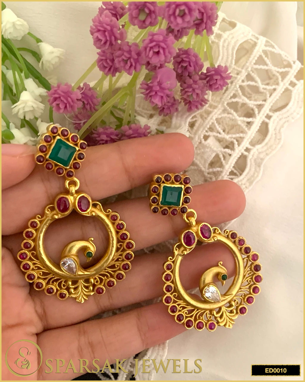 Gold Polished Peacock Temple Danglers in Sterling Silver by Sparsak Jewels