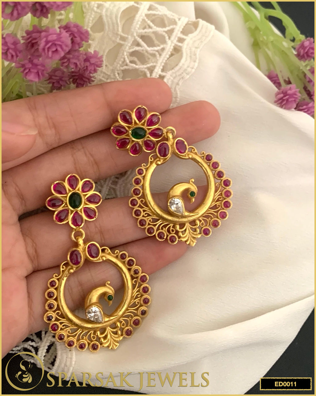 Exquisite Gold Polished Peacock and Flower Temple Danglers in Sterling Silver by Sparsak Jewels
