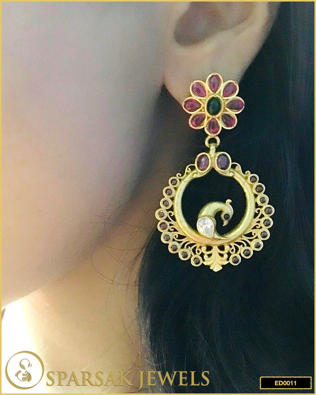 Exquisite Gold Polished Peacock and Flower Temple Danglers in Sterling Silver by Sparsak Jewels