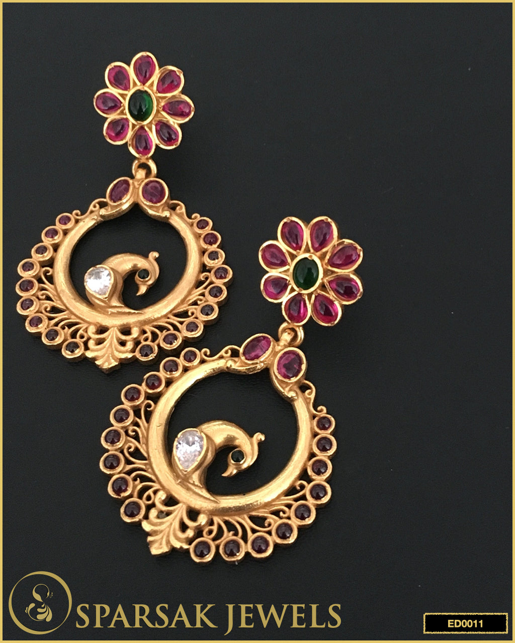 Gold Polished Peacock and Flower Temple Danglers in Sterling Silver - Sparsak Jewels