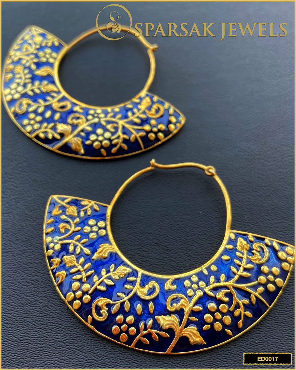Elegant Gold Polished Blue Enamel Uchiwa Danglers in Sterling Silver by Sparsak Jewels
