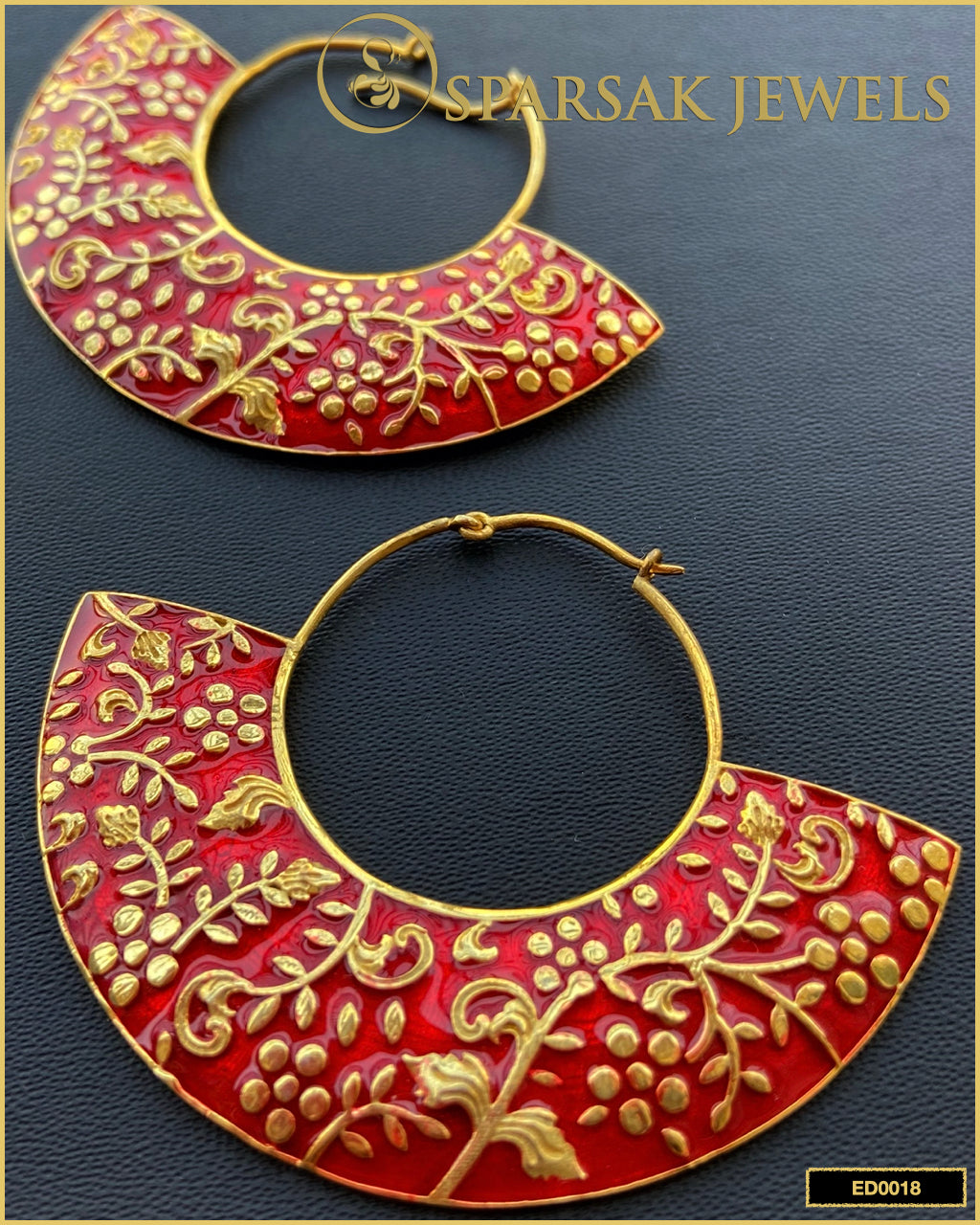 Chic Gold Polished Red Enamel Uchiwa Danglers in Sterling Silver by Sparsak Jewels