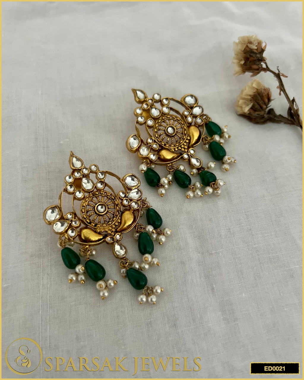 Exquisite Kundan Earrings with Emerald Beads in Sterling Silver by Sparsak Jewels