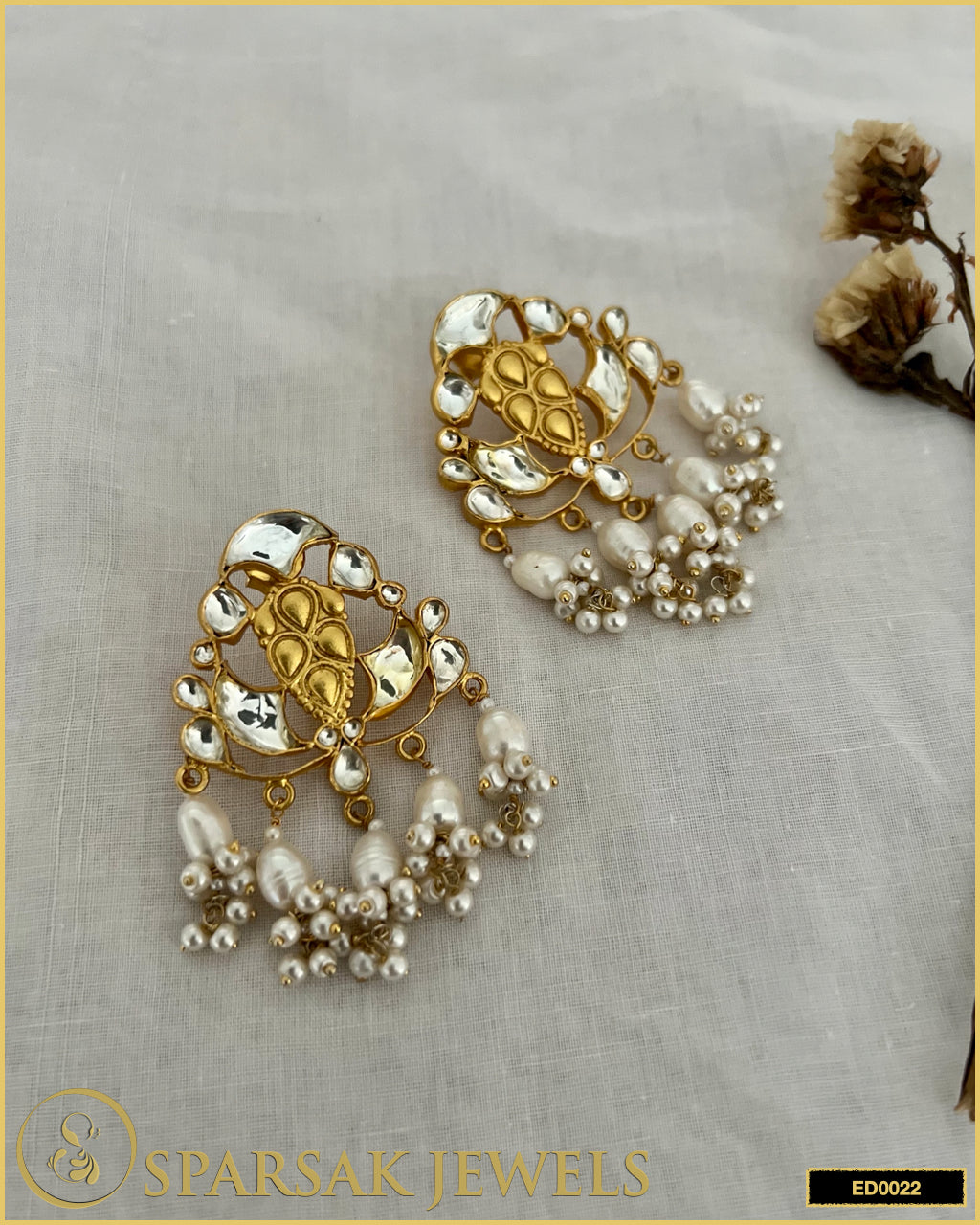 Luxurious Gold Polished Kundan Earrings with Pearl in Sterling Silver by Sparsak Jewels