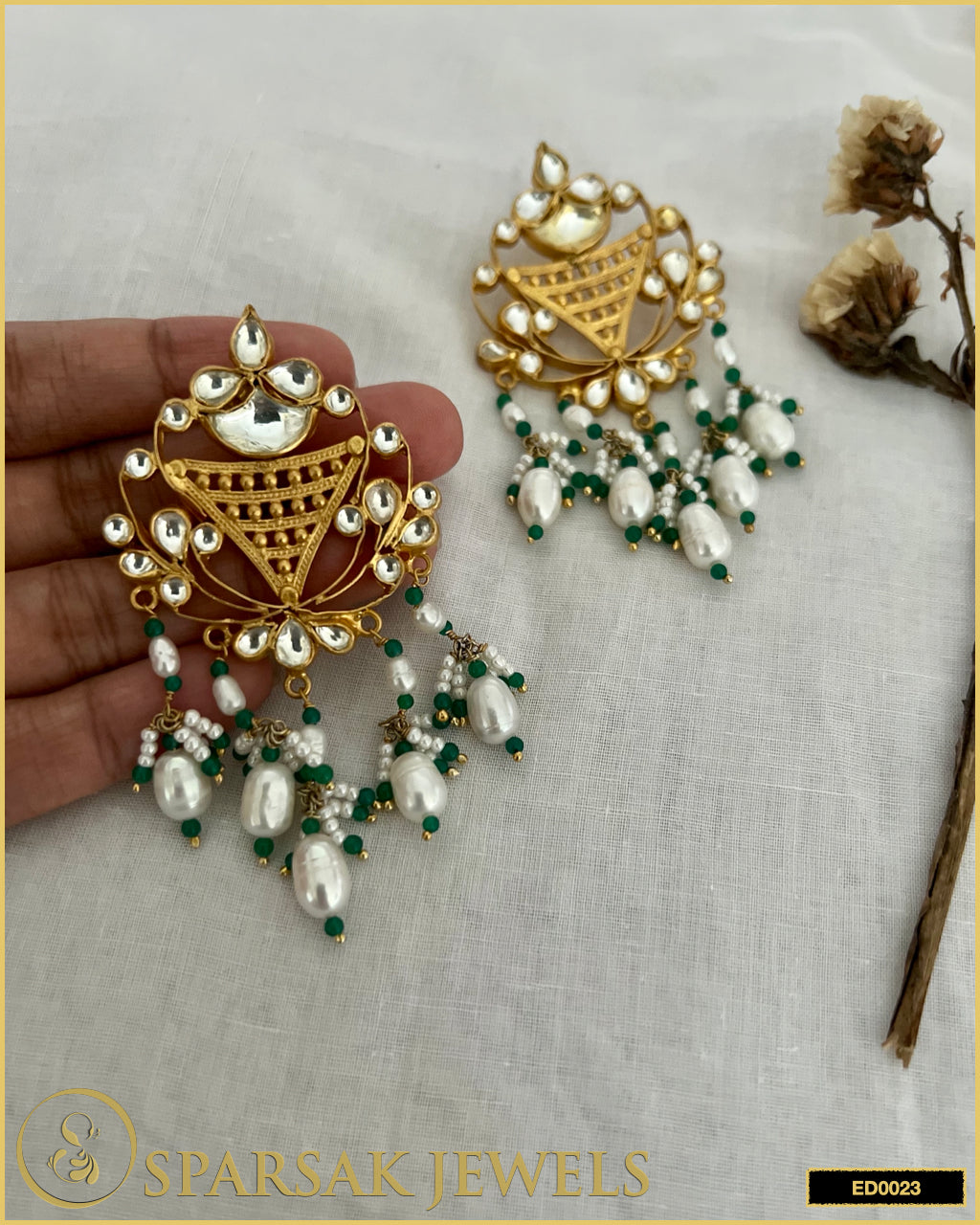 Gold Polished Kundan Earrings with Pearl in Sterling Silver - Sparsak Jewels