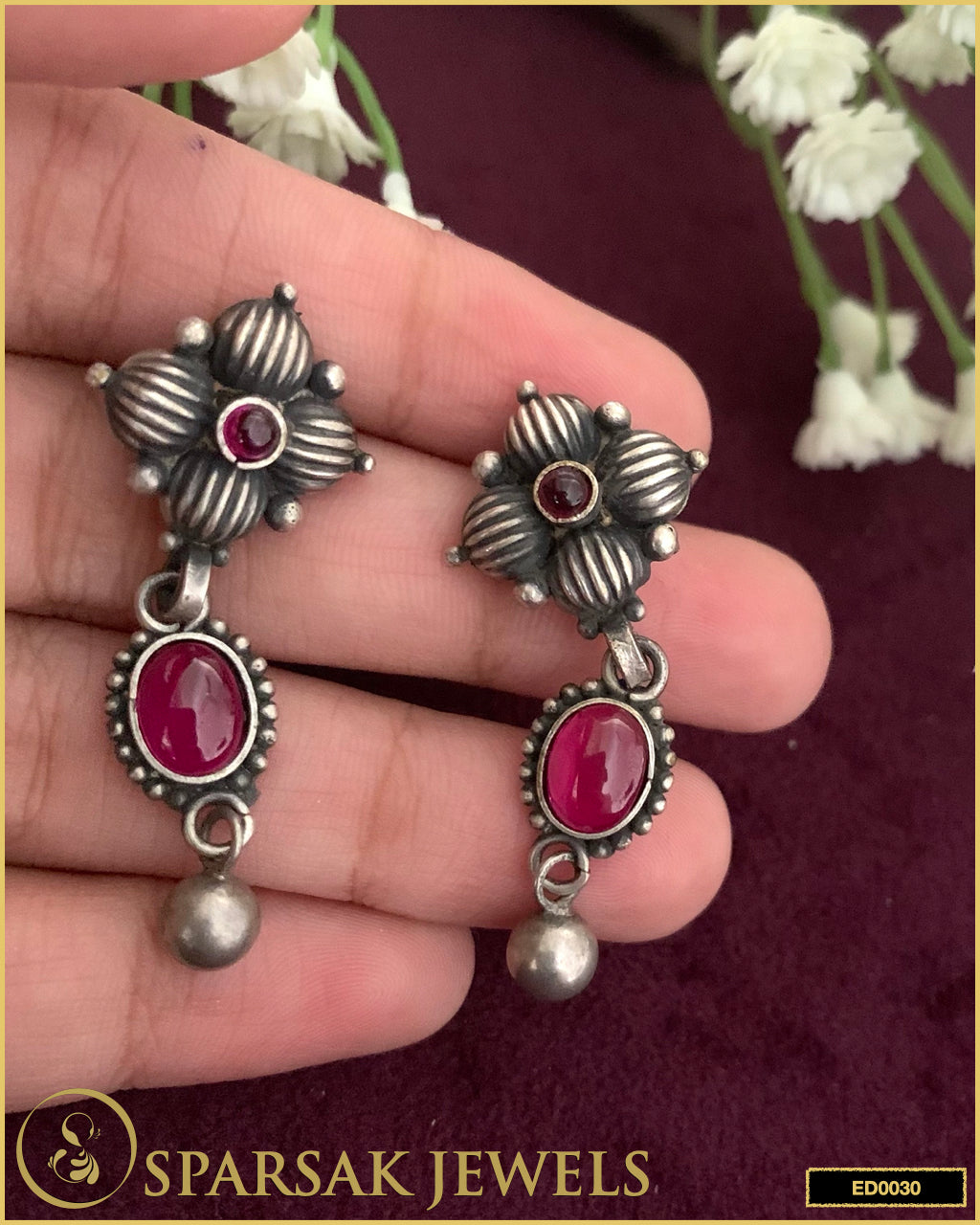 Silver Classic Temple Jewellery Earrings with Dangling Ruby by Sparsak Jewels