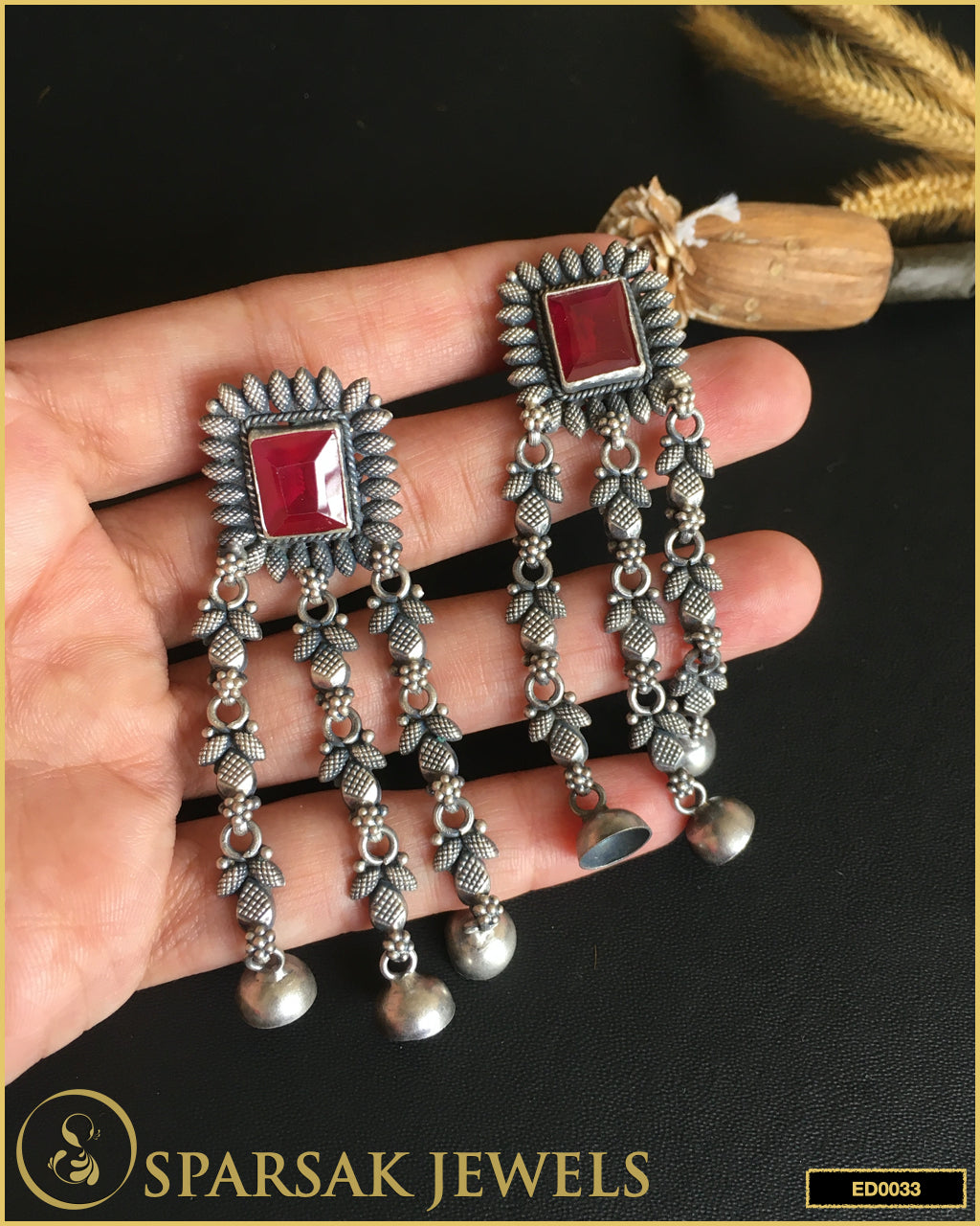 Silver Temple Jewellery Earrings with Big Ruby Stone by Sparsak Jewels