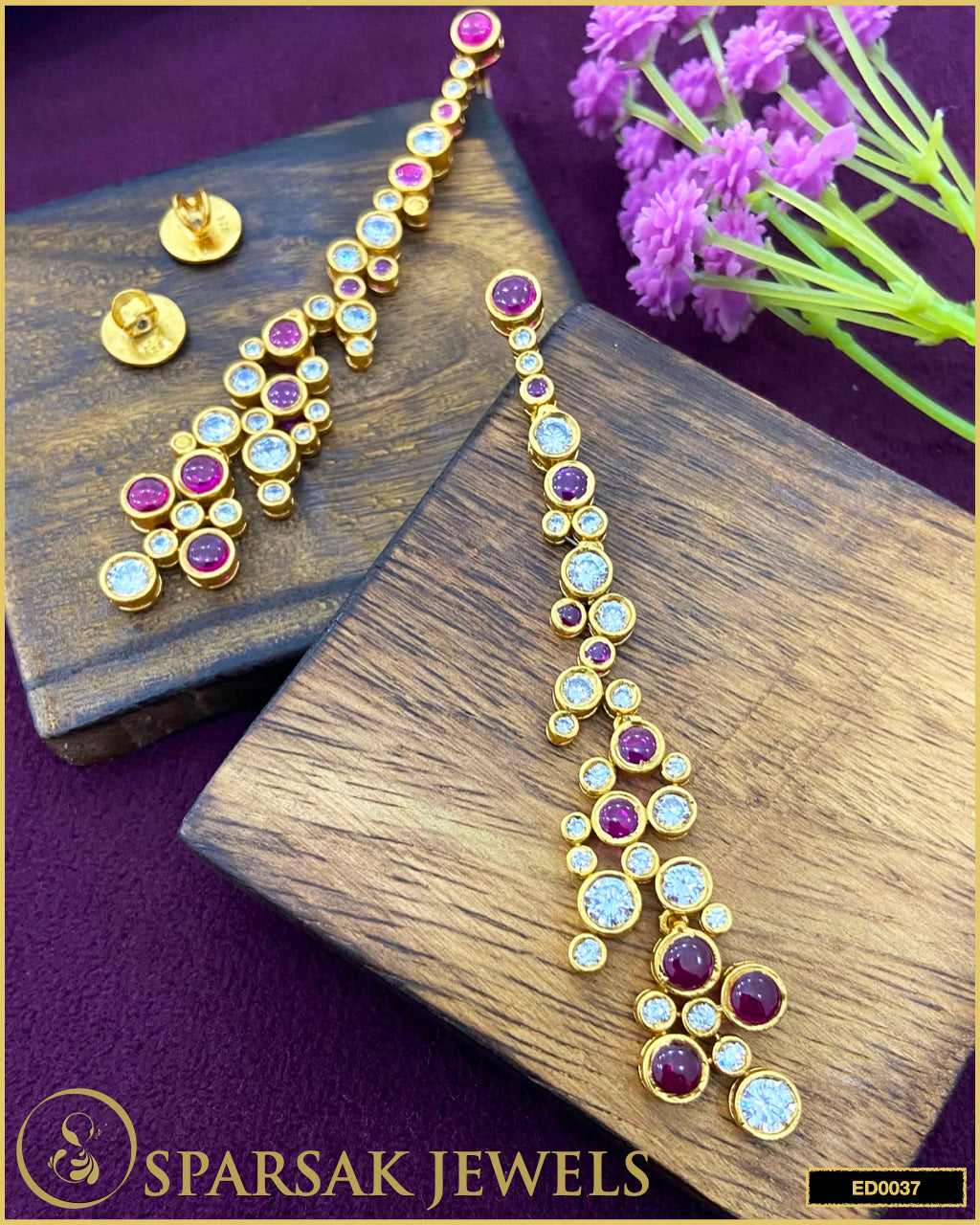 Gold Polished Classic Long Danglers with Rubies and Cubic Zirconia in Sterling Silver by Sparsak Jewels