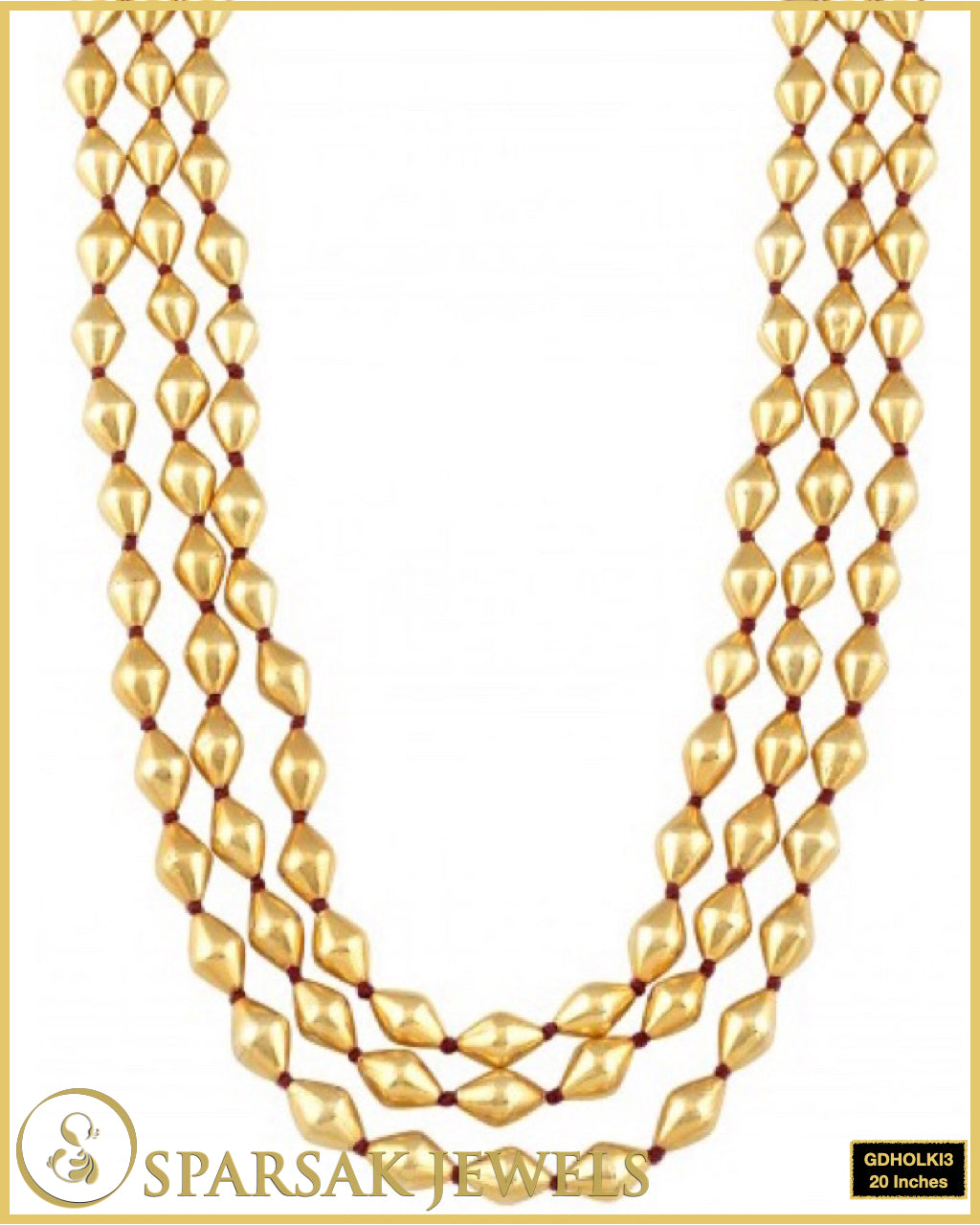3 Line Gold Polished Dholki Mala Necklace by Sparsak Jewels