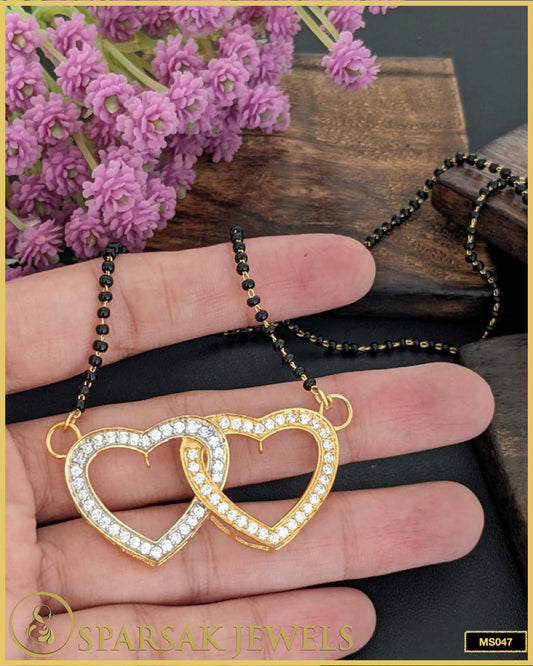 Two Heart Gold & Rhodium Polished Silver Mangalsutra - Sparsak Jewels
