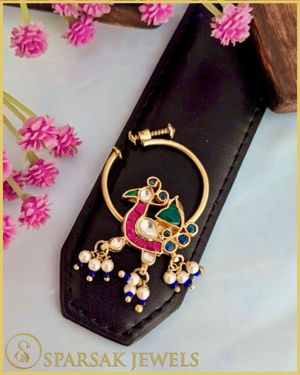 Gold Polished Kundan Nath crafted in sterling silver by Sparsak Jewels