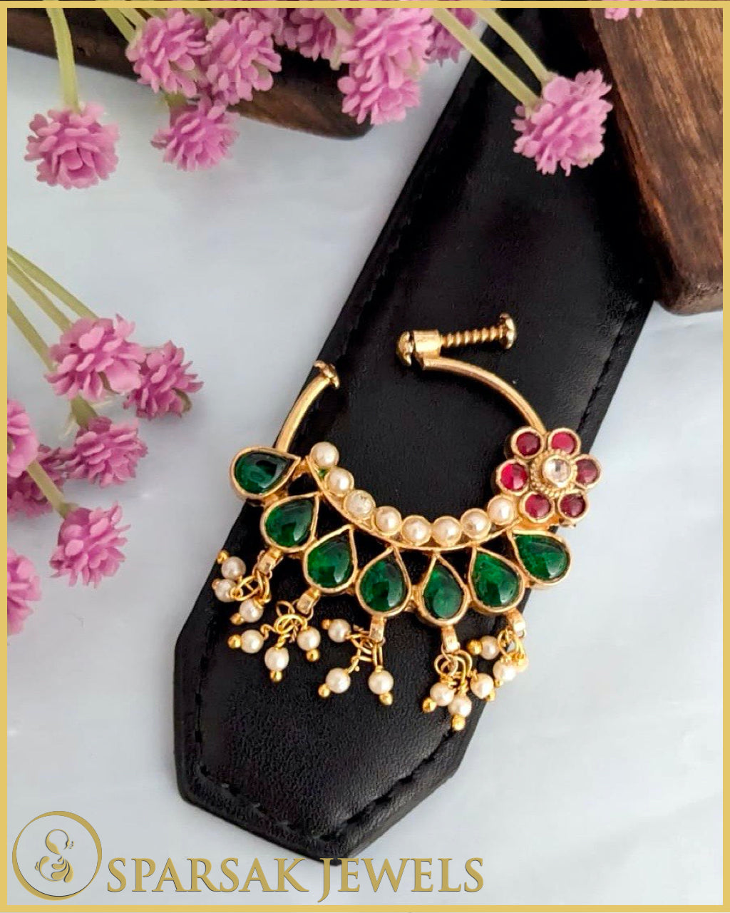 Exquisite Gold Polished Kundan Nath made in silver by Sparsak Jewels