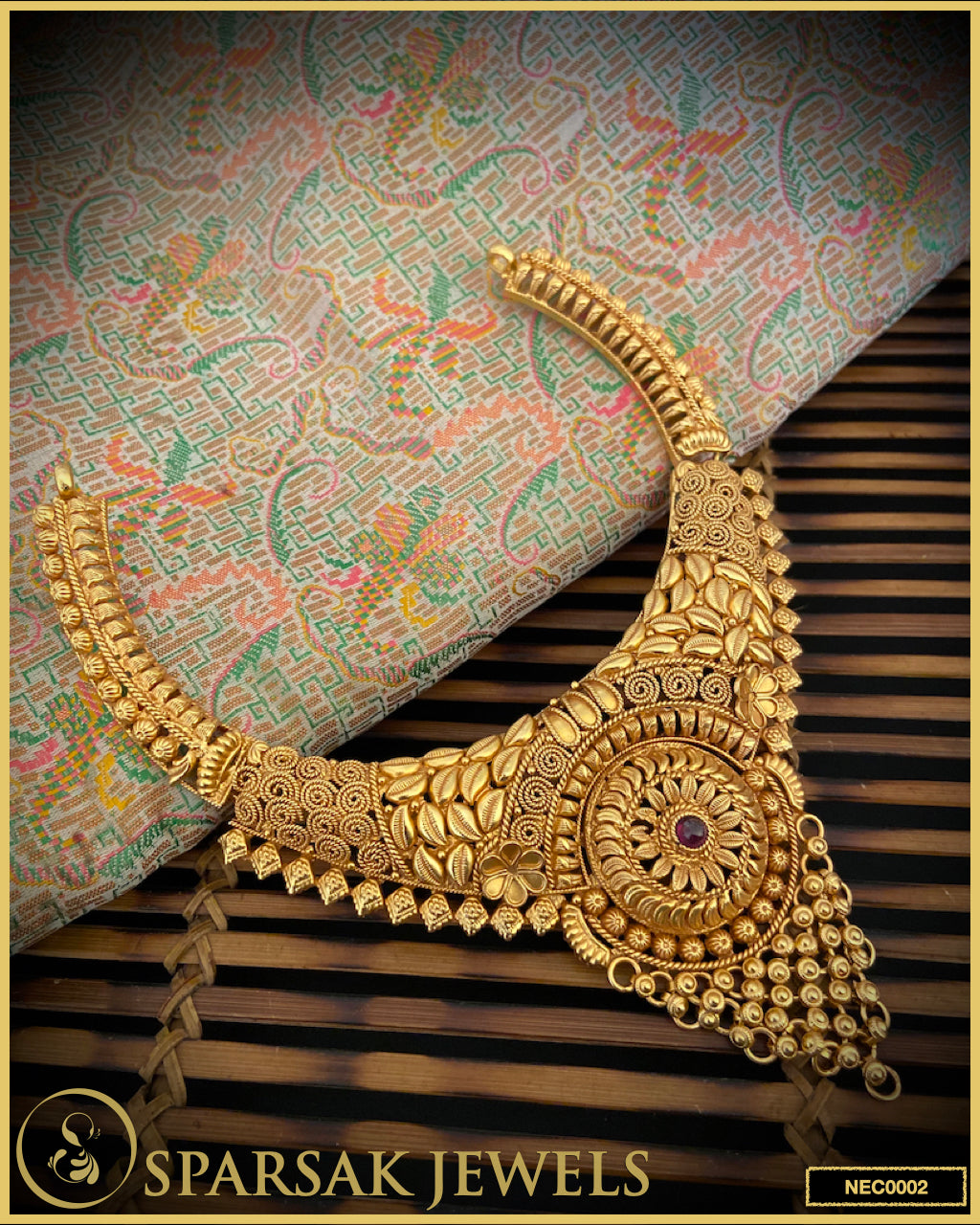 Gold Polished Handcrafted Temple Necklace Set by Sparsak Jewels