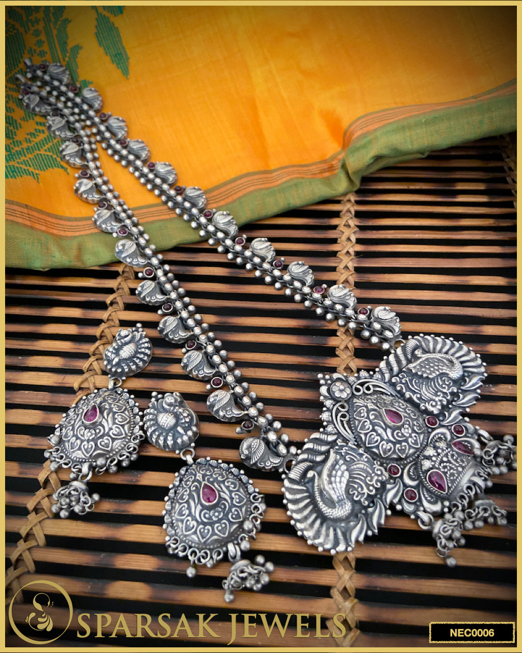 Handcrafted Temple Long Necklace Set in Silver by Sparsak Jewels