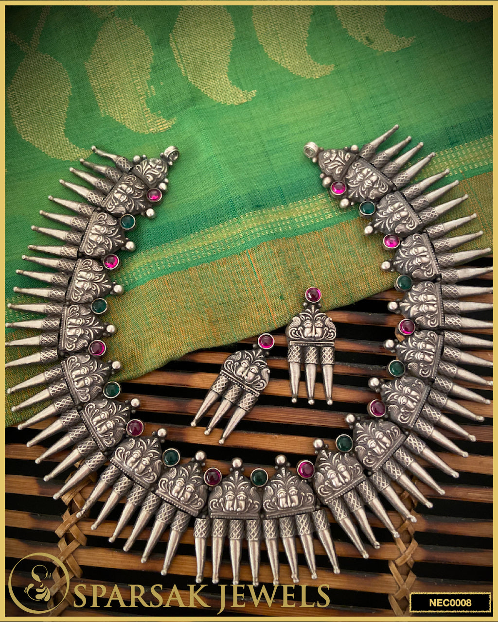 Handcrafted Peacock Spoke Temple Necklace Set in Silver by Sparsak Jewels