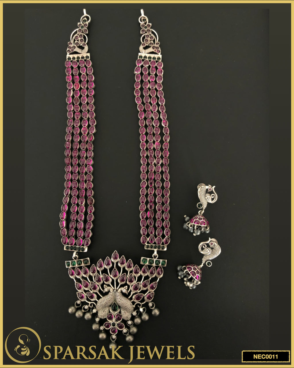 Handcrafted Temple Design Vibrant Long Peacock Necklace in Silver by Sparsak Jewels