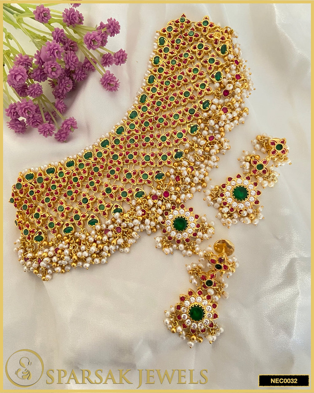 Gold Polished Handcrafted Kundan Broad Choker Set in Silver with Cubic Zirconia & Gemstones by Sparsak Jewels