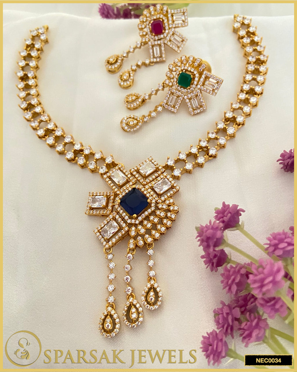 Gold Polished Handcrafted Changeable Necklace Set in Silver with Cubic Zirconia & Changeable Gemstones by Sparsak Jewels