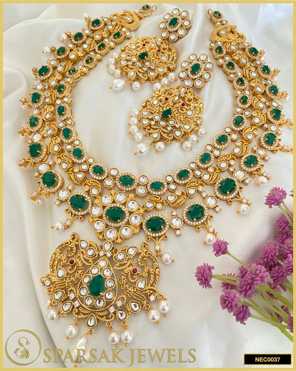 Gold Polished Handcrafted Kundan Necklace Set in Silver with Cubic Zirconia & Emerald by Sparsak Jewels