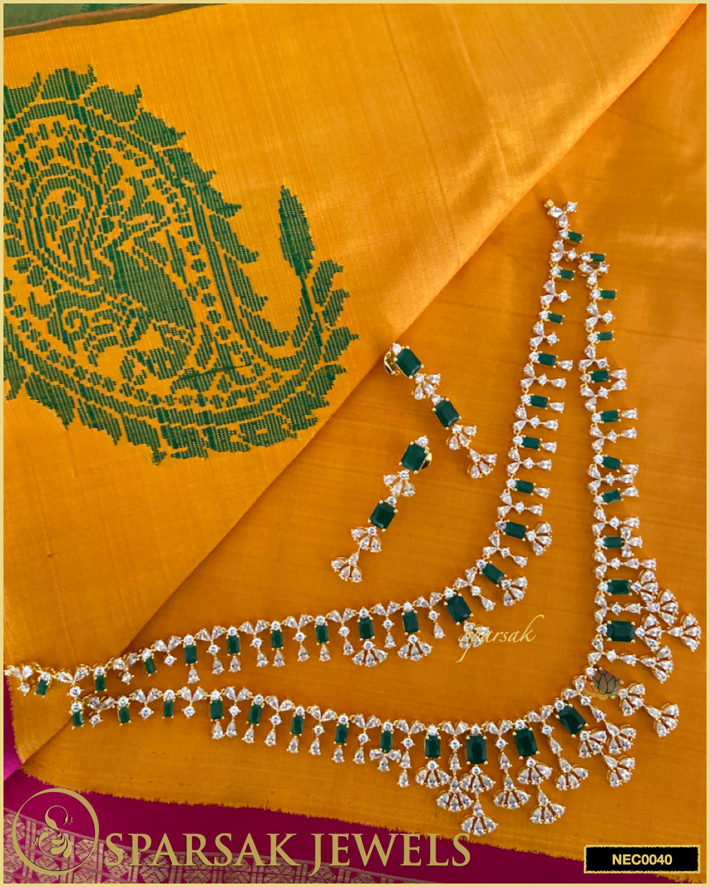 Gold Polished Handcrafted 2 Line Necklace Set in Silver with Cubic Zirconia & Emerald by Sparsak Jewels
