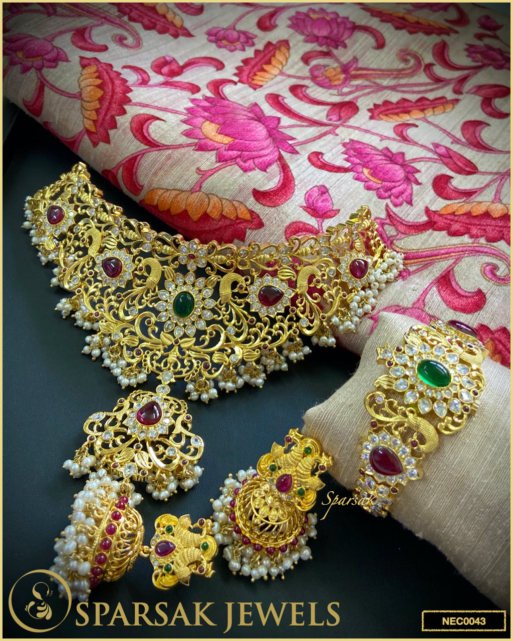 Gold Polished Handcrafted Peacock Choker Set in Silver with Cubic Zirconia, Ruby, and Emerald by Sparsak Jewels