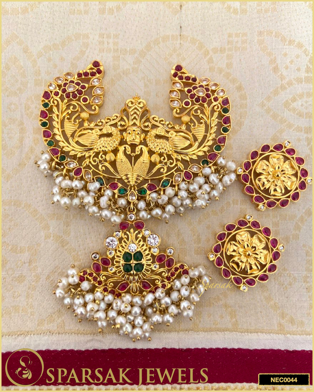 Gold Polished Handcrafted Long 5 Line Emerald Temple Necklace Set in Silver with Cubic Zirconia, Ruby, and Emerald by Sparsak Jewels