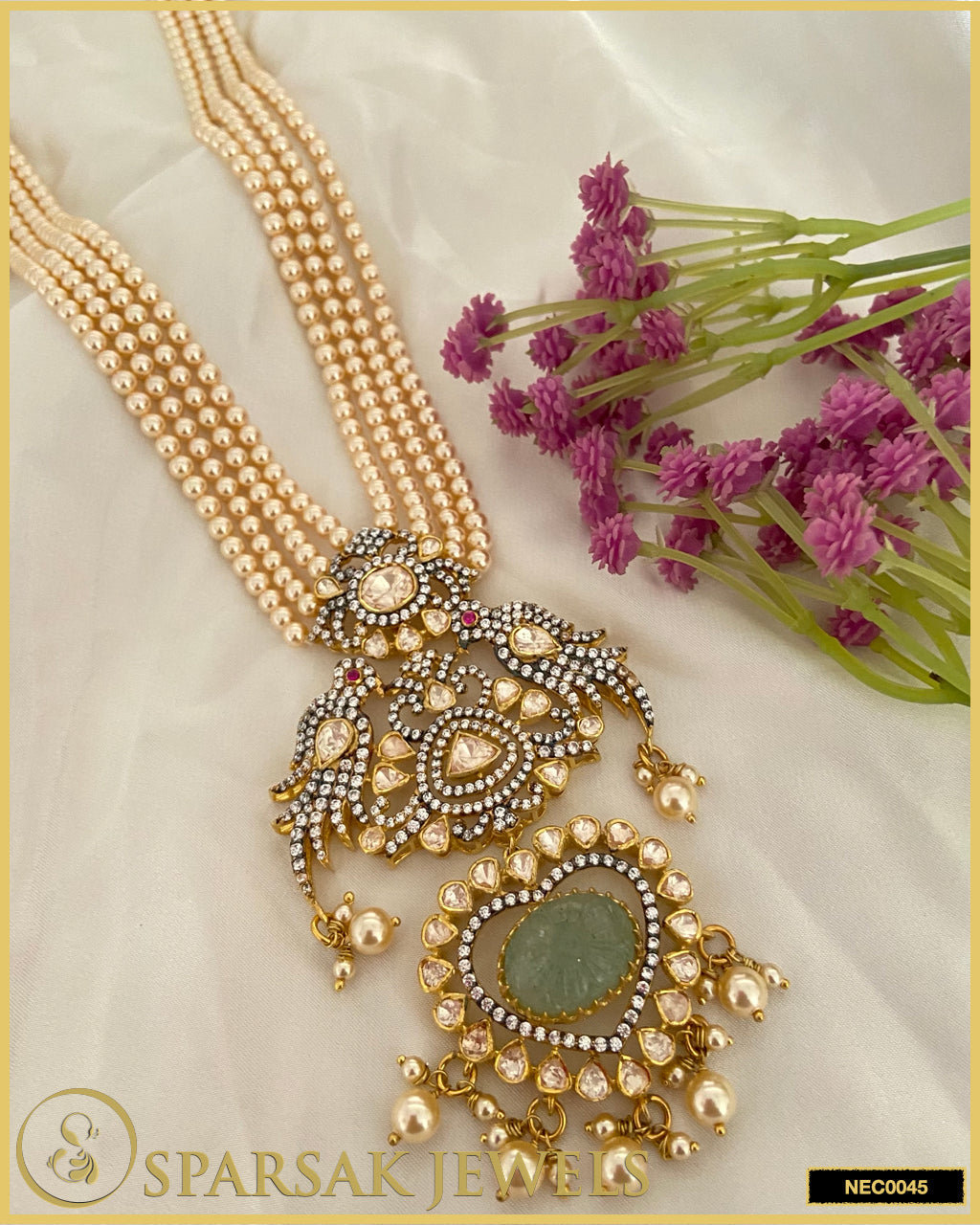Gold Polished Handcrafted Long 3 Line Pearl Kundan Necklace in Silver with Cubic Zirconia, Moissanite, and Carved Gemstone by Sparsak Jewels