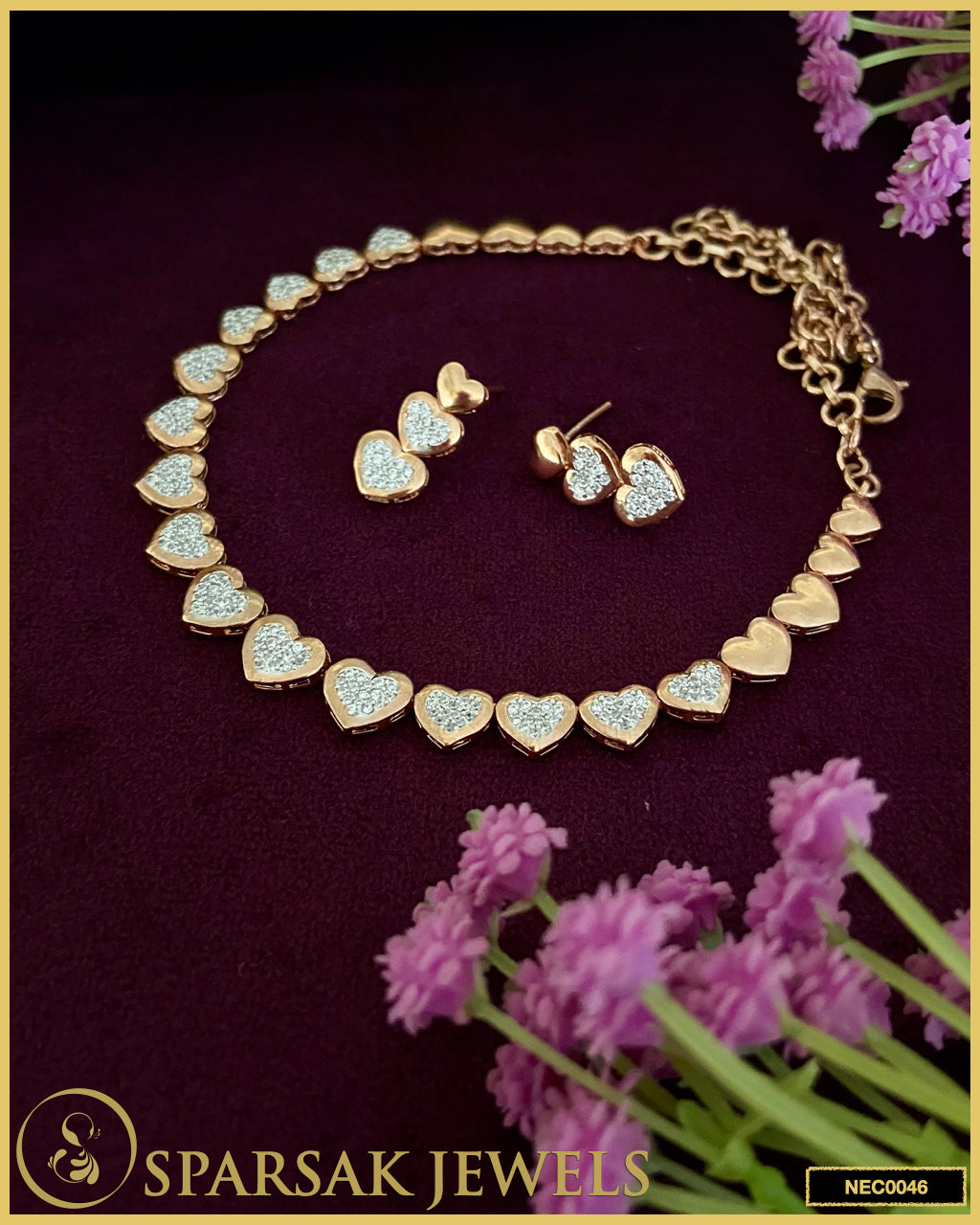 Rose Gold Polished Chic Heart Necklace Set in Silver with Cubic Zirconia by Sparsak Jewels