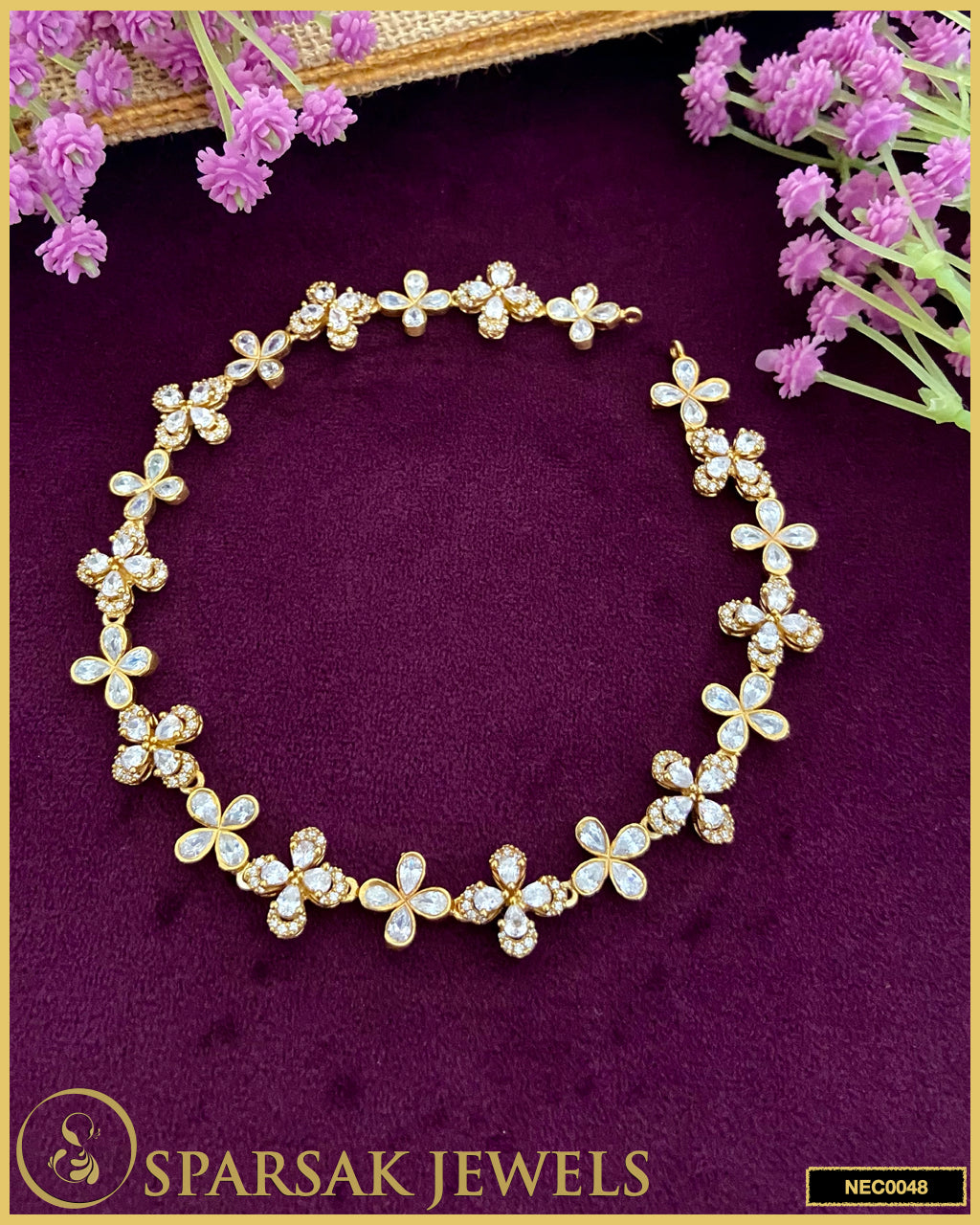Gold Polished Single Line Flower Necklace Set in Silver with Cubic Zirconia by Sparsak Jewels