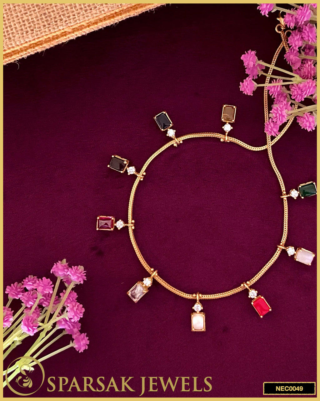 Gold Polished Single Line Navratan Necklace Set in Silver with Cubic Zirconia and Gemstones by Sparsak Jewels