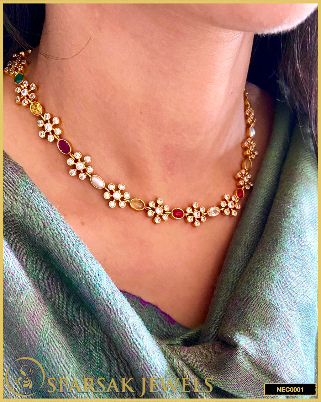 Exquisite Gold Polished Flower Navratan Necklace Set by Sparsak Jewels