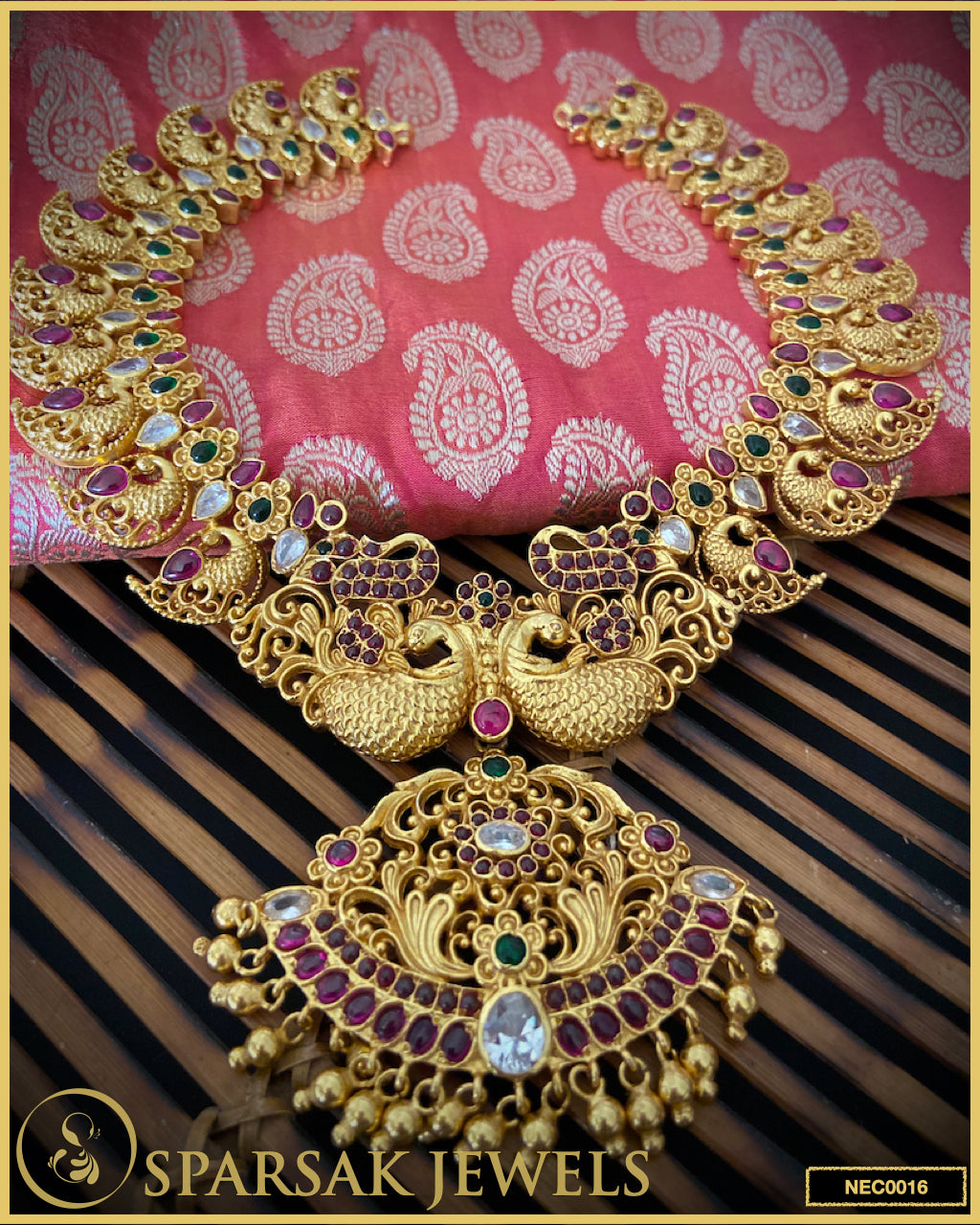Gold Polished Handcrafted Peacock Temple Jewellery Design Necklace in Silver with Cubic Zirconia and Kemp Stones by Sparsak Jewels