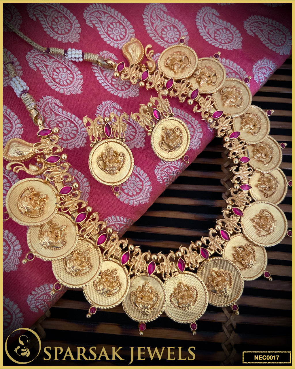 Gold Polished Handcrafted Laxmi Ji Embossed Temple Jewellery Coin Necklace in Silver with Cubic Zirconia and Kemp Stones by Sparsak Jewels