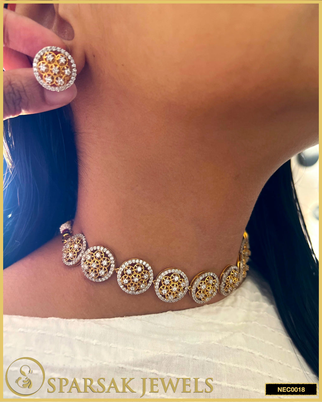 Gold & Rhodium Polished Handcrafted Flower Choker Necklace in Silver with Cubic Zirconia by Sparsak Jewels