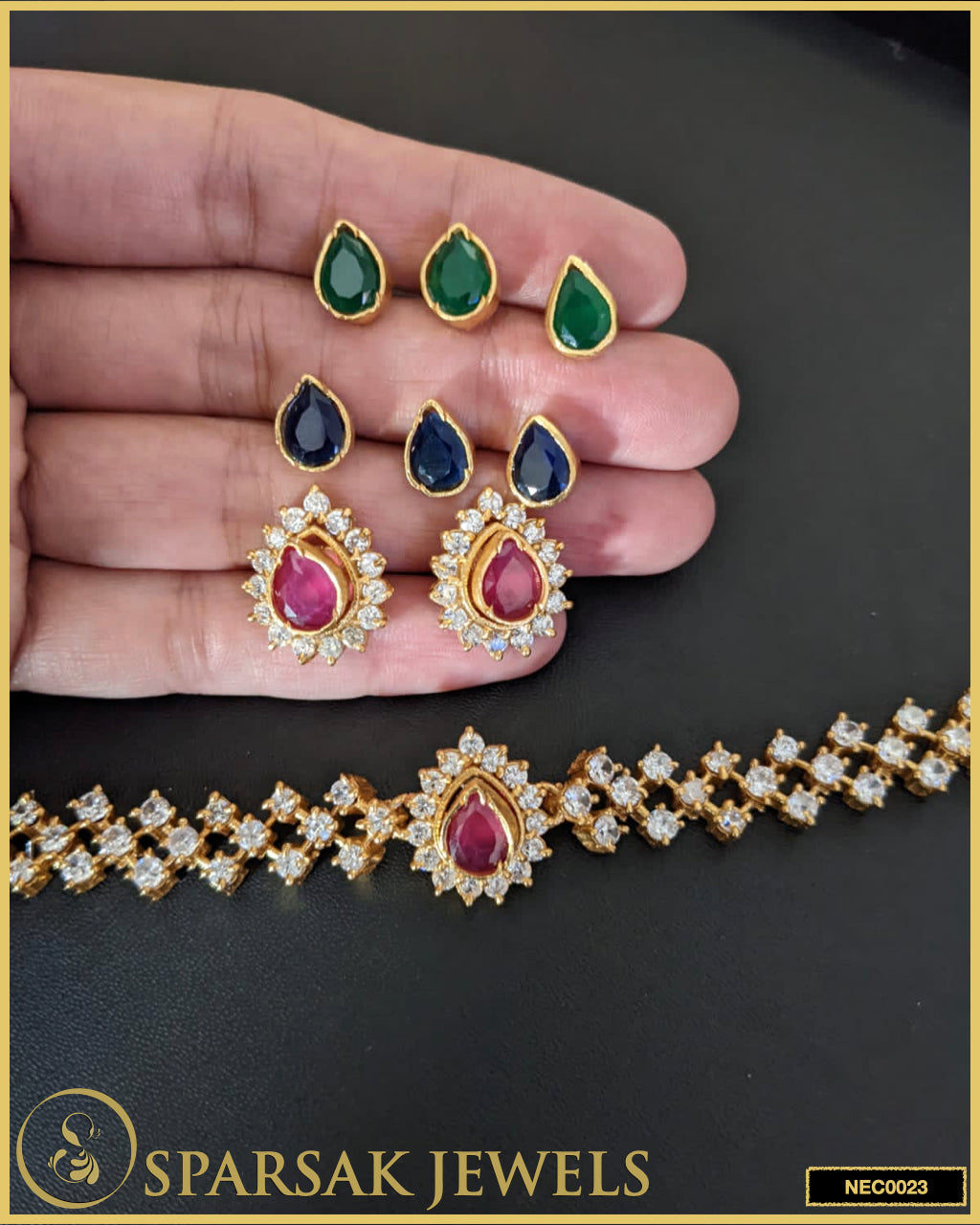 Gold Polished Handcrafted Changeable Choker Necklace Set in Silver with Cubic Zirconia & Gemstones by Sparsak Jewels